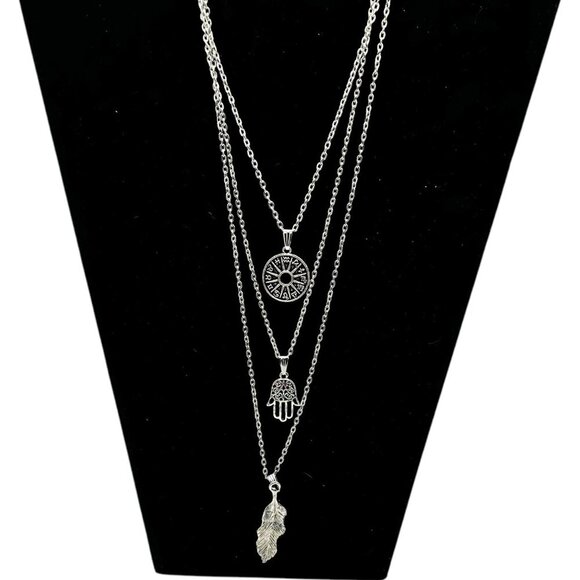 Layered Antique Silver Pendant Necklace With Compass Hamsa Hand & Feather Charms - Picture 4 of 12